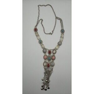 Boho Statement Bib Necklace Silver Tone Multicolor Cabochon Tassel Dangle